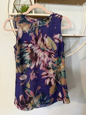 DKNY Women’s Extra Small XS Purple Floral Sleeveless Sheer Shell Tank Top